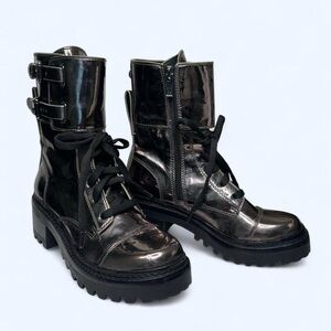 DKNY Bart Metallica Gunmetal Patent Leather Combat Boots With Buckle Straps